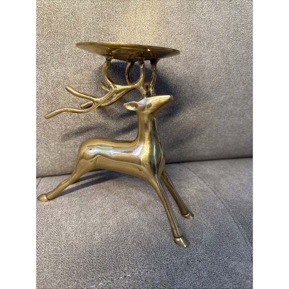 Vintage Brass Reindeer Buck Pillar Heavy Candle Holder - Picture 3 of 14